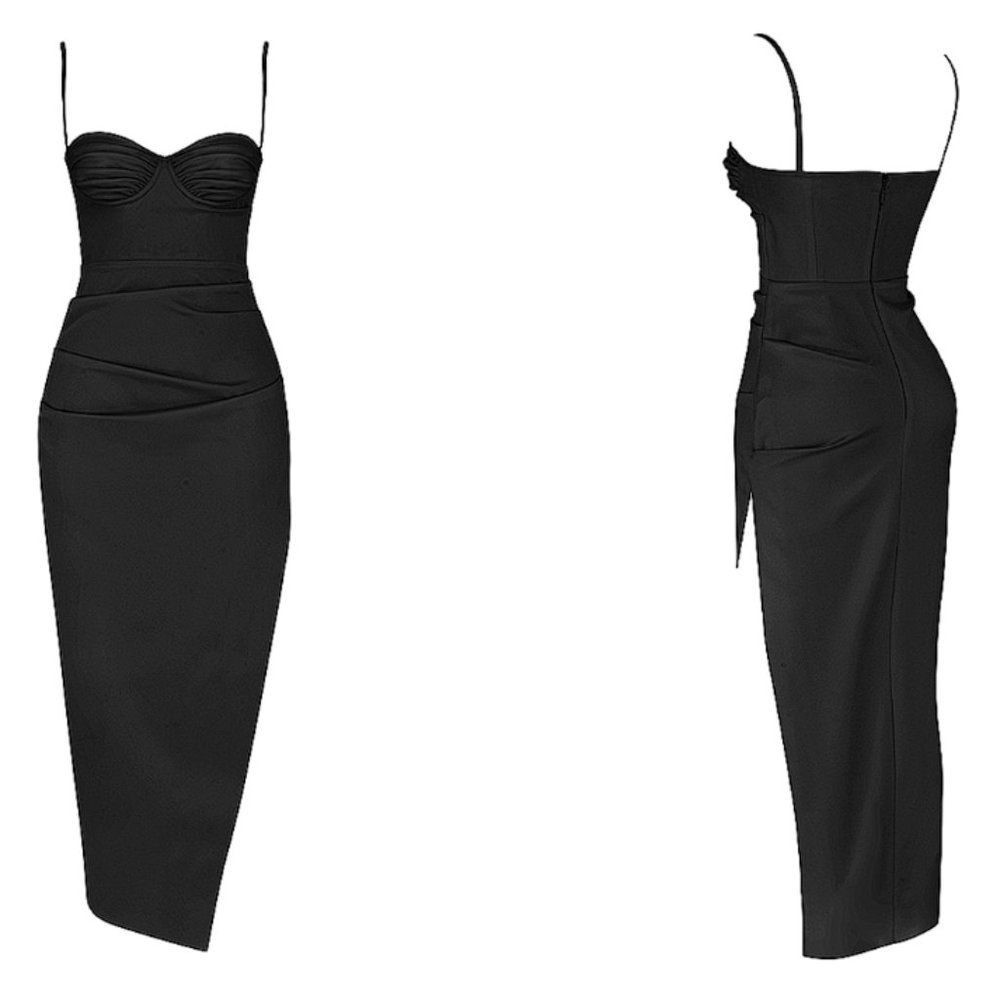 HOUSE OF CB 'Flora' Black Satin Pleated Corset Midi Dress NWOT - Picture 5 of 9